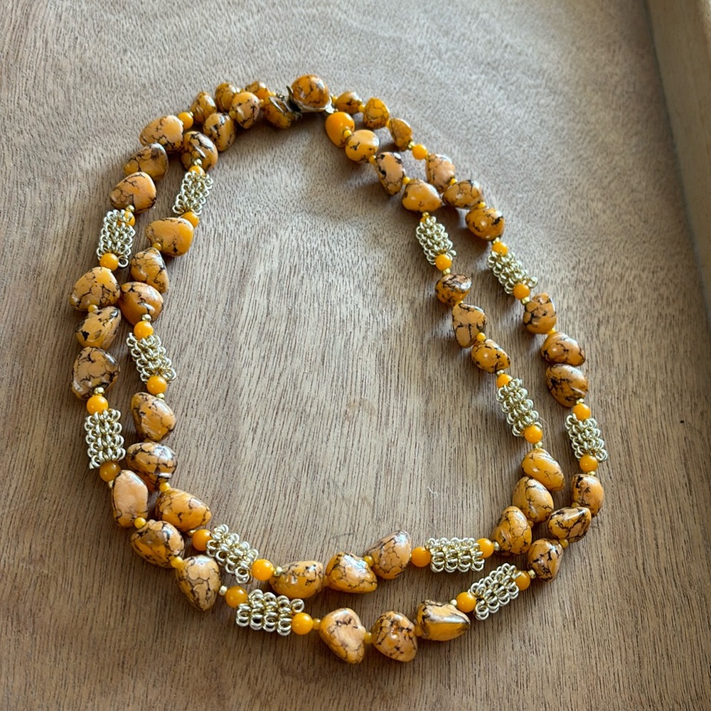 Vintage orange and gold lucite beads double strand statement necklace 20”